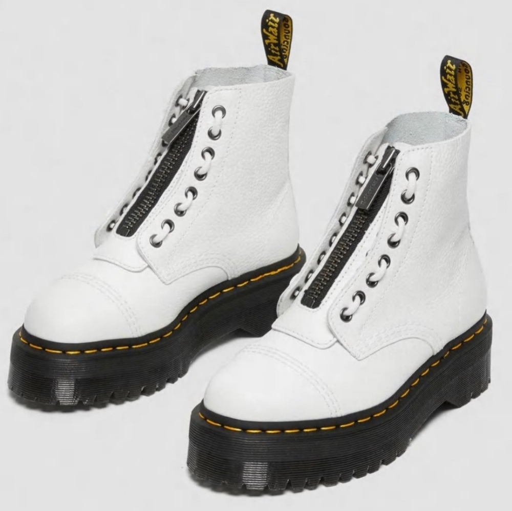Dr. Martens Sinclair Milled Napa White Zip Up Leather Platform Boot, size 7